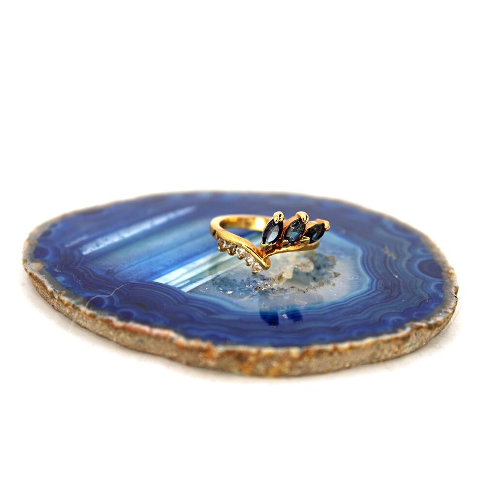 Gold Tone Marquis Cut Blue Glass & Cubic Zirconia Ring